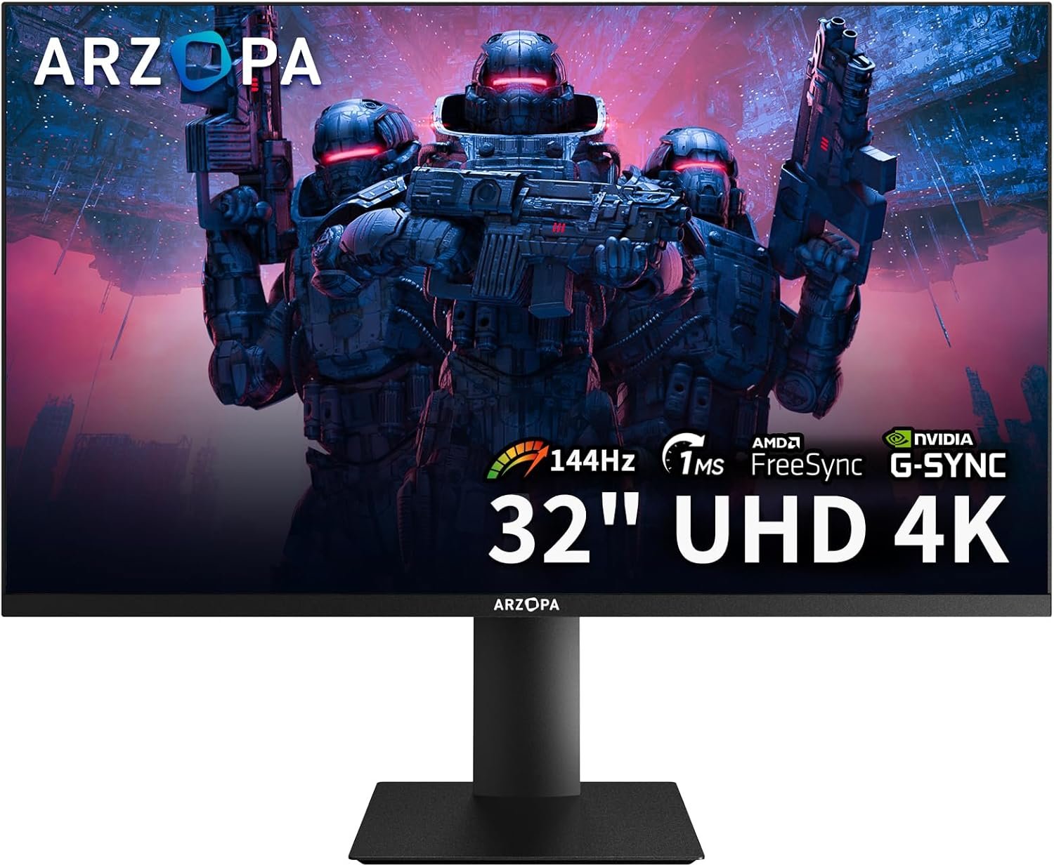 ARZOPA 32” 4K UHD (3840x2160) Gaming Monitor 144HZ IPS Screen, Height Adjustable Stand, VESA Mountable, Support AMD Freesync & NVIDIA G-Sync, DP 1.4, HDMI 2.1 -M3RC
