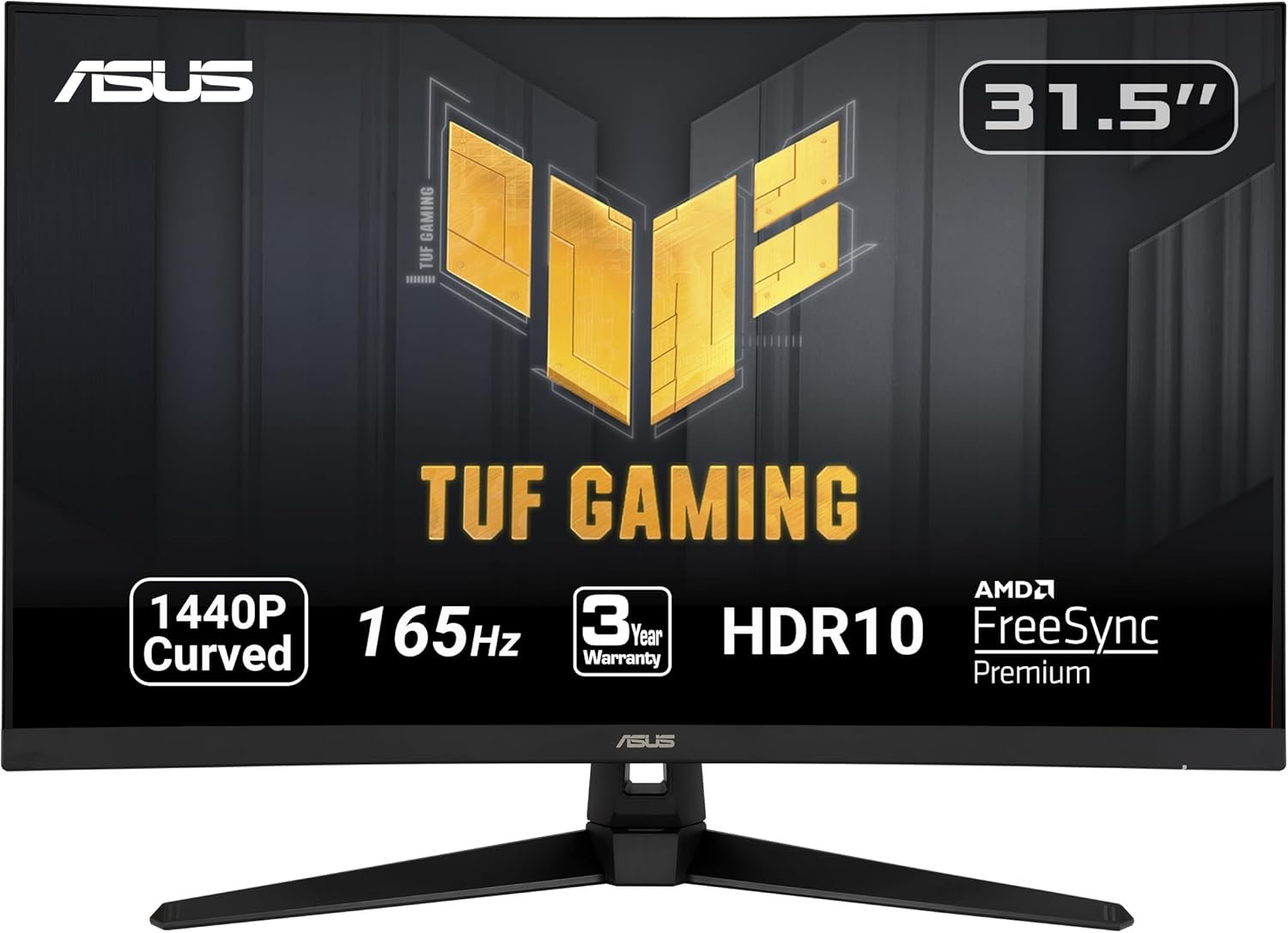ASUS TUF Gaming 32" 1440P HDR Curved Monitor (VG32VQ1B) - QHD (2560 x 1440), 165Hz (Supports 144Hz), 1ms, Extreme Low Motion Blur, Speaker, FreeSync Premium, VESA Mountable, DisplayPort, HDMI,BLACK
