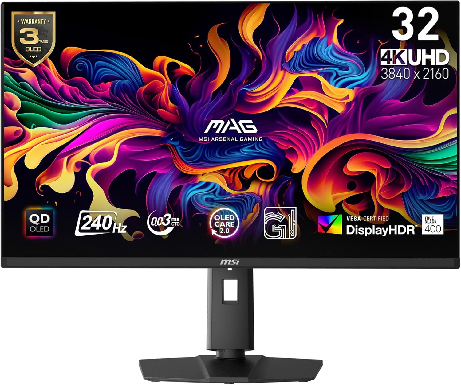 MSI MAG 321UPX QD-OLED, 32" 4K UHD Quantum Dot OLED Gaming Monitor, 3840 x 2160, 0.03ms, 240Hz, True Black HDR 400, 15W USB Type C, HDMI, DP Port
