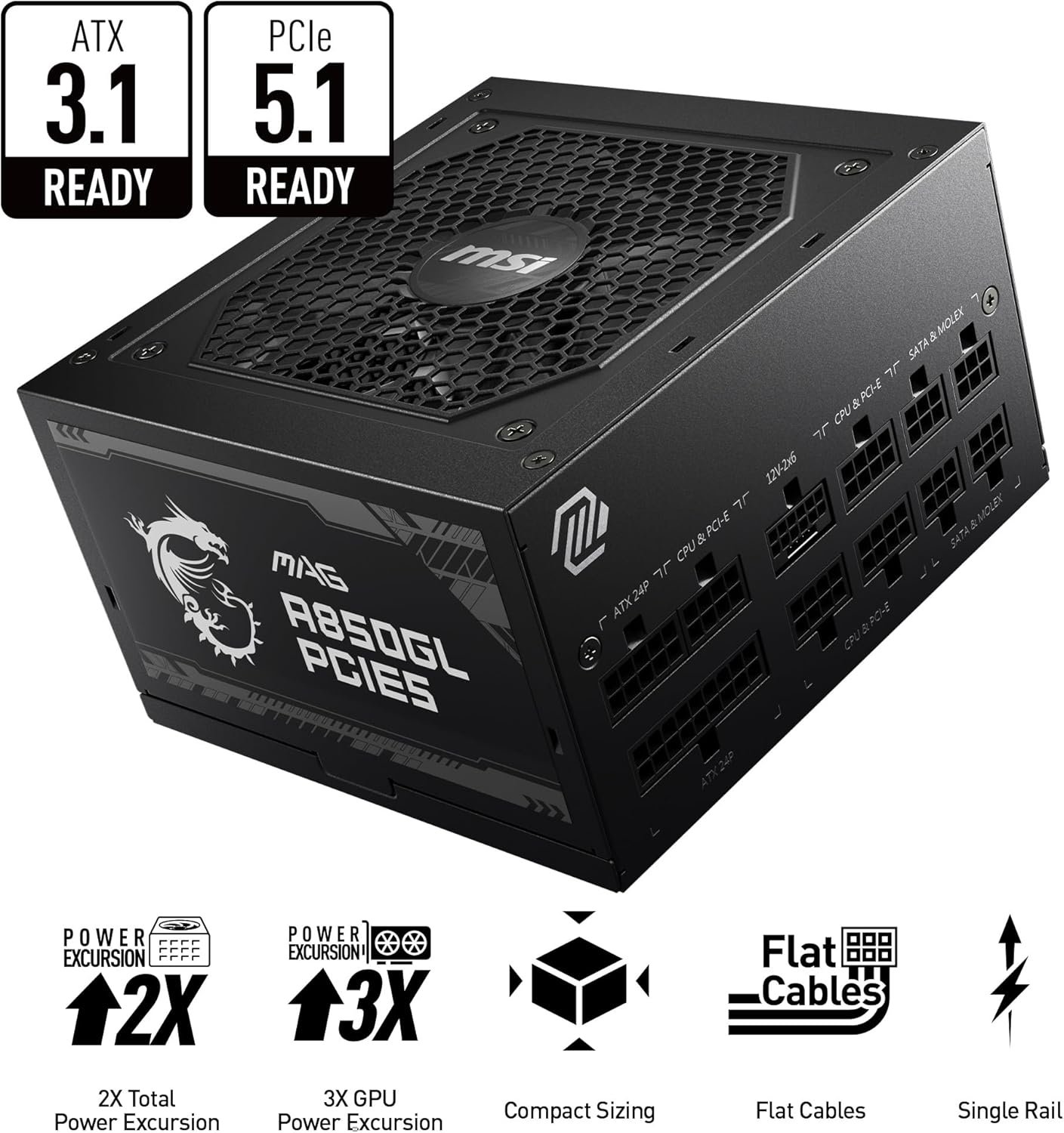 MSI MAG A850GL PCIE 5.1 & ATX 3.1 Gaming Power Supply - Full Modular - 80 Plus Gold Certified 850W - Compact Size - ATX PSU - 10 Year Warranty
